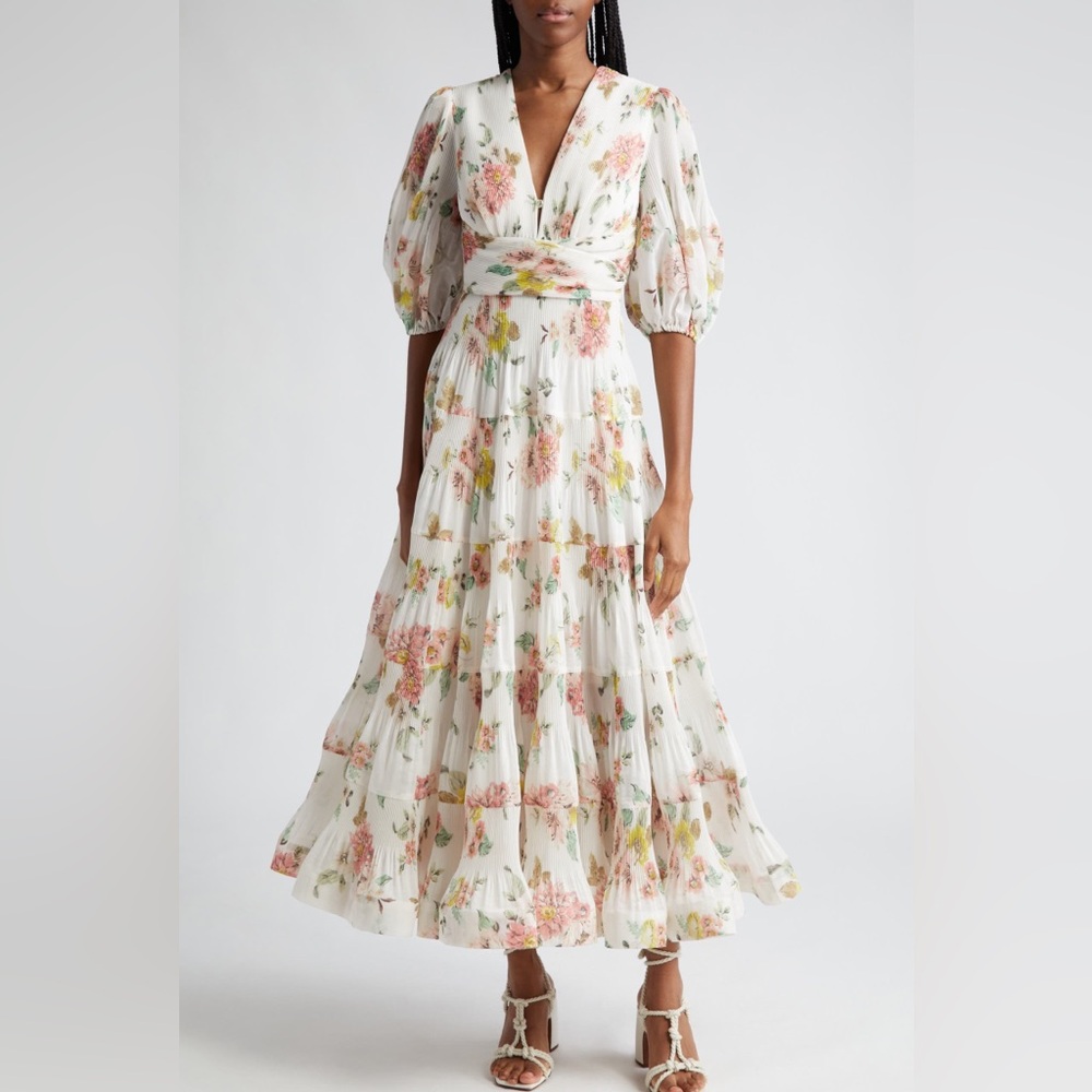NWT. Zimmermann Coral Floral Pleated Tiered Midi Dress. US size 4 (S)